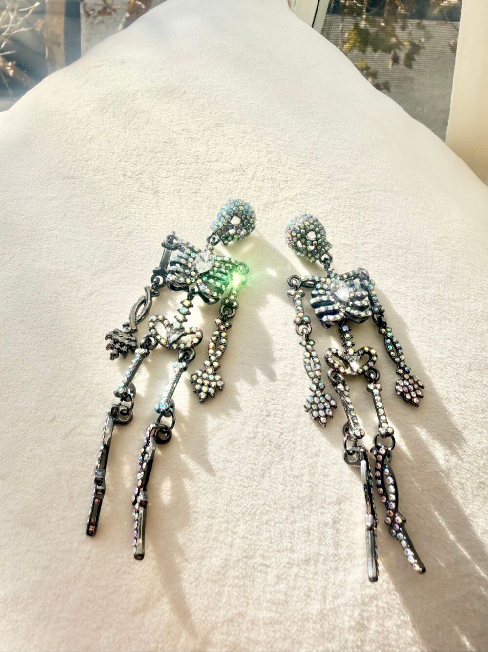 Rhinestone Skeleton Drop Earrings Black Gunmetal Skull Statement Halloween